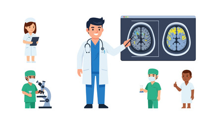 A diverse team of cartoon medical professionals including a doctor with a brain scan a nurse and a surgeon.