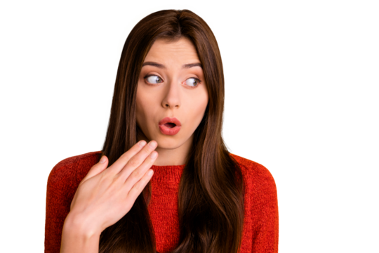 Close up photo stylish cute charming nice youngster millennial making mistake terrified with lips pouted in autumn isolated over yellow bright color background