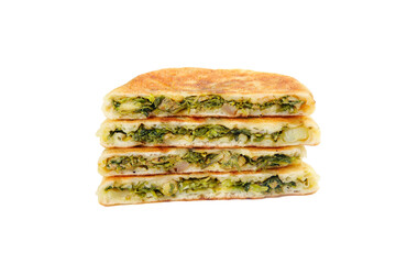 Handmade Savory Pastries with Green Filling and Pork Stack on White Background