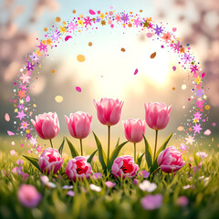 Whimsical spring landscape with seven pink tulips in green grass under bright sky, surrounded by scattered and floating petals forming an arch, dreamy floral scene with magical sunlight glow
