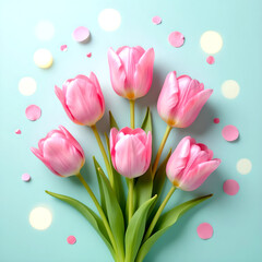 Top view of six pink tulips with green stems on light blue background, surrounded by scattered petals and confetti, festive floral bouquet arrangement for celebration, spring, and design use