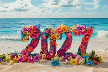 The numbers 2027 made by of tropical flowers on the beach
