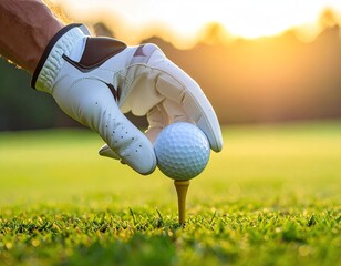 Golfer's hand in glove placing a golf ball on a tee