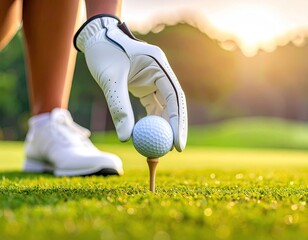 Close-up of a golfer placing a golf ball on a tee