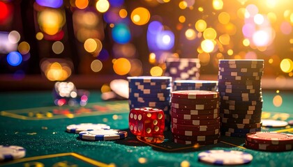 Casino table with chips and dice.  Blurred background