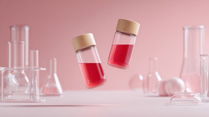 Red liquid in glass bottles