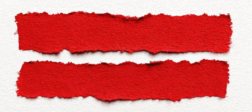 Two parallel strips of torn red paper on a textured white paper background. Abstract and minimal