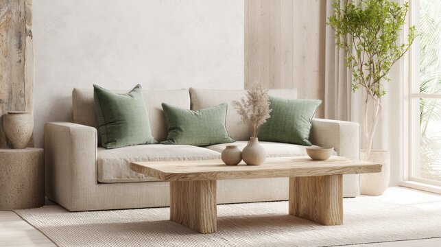 rustic minimalist living room, sand colored sofa, pistachio green pillow, light wooden coffee table, stone texture