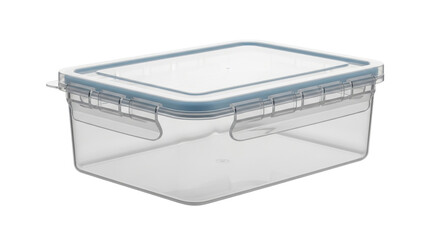 Isolated clear plastic storage container with light blue border and latch lid system