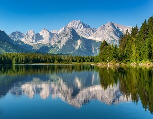 Fototapeta premium a pristine mountain range mirrored perfectly in an alpine lake capturing raw natural beauty and a deep sense of tranquility under a clear sky