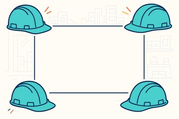 Clean construction-themed mockup with four blue safety helmets on corners and blank center space for design or branding on light background. Ai generative