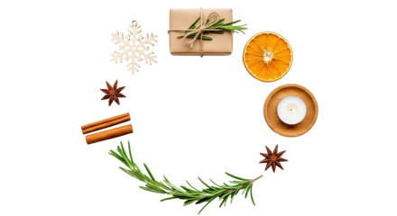 Isolated aromatic Christmas composition of gift box, dried orange slice and winter spices