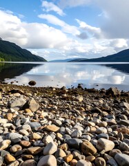 Calm lake shore with pebbles