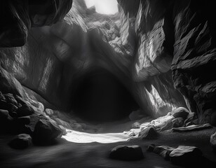grayscale image of a rock cave opening dark background textured walls