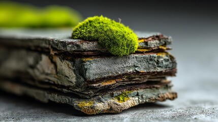 Macro photograph of stacked, weathered fiber cement sheets. It shows detailed layers of texture and a flaky, raw edge, with a tiny patch of resilient green moss.