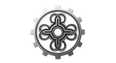 Isolated gear with a decorative symbol inside represents industrial design concept metal art