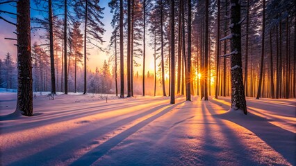 Beautiful winter forest with snow and sunrise shining through tall trees
