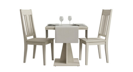 Isolated two chairs and a dining table set with glasses and plates for dinner or lunch