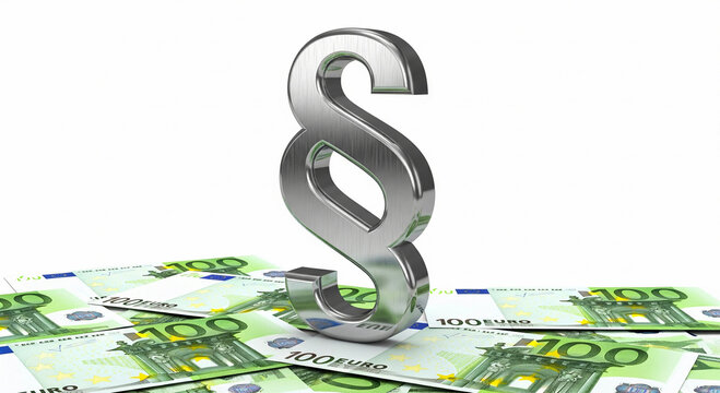 Euro banknotes surrounding a paragraph symbol convey the concept of financial legislation or monetary laws