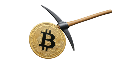 Isolated Crypto Mining Concept with Bitcoin and Pickaxe, Cryptocurrency Investment Strategy