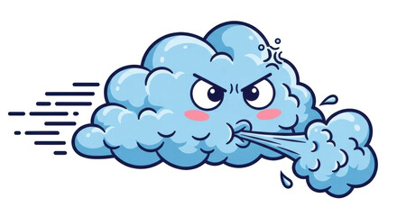 Isolated Cartoon Cloud Blowing Wind, with Angry Expression, Blushing Cheeks, and Moving Lines