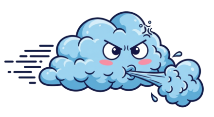 Isolated Cartoon Cloud Blowing Wind, with Angry Expression, Blushing Cheeks, and Moving Lines