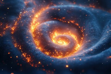 Bright orange star at the center of a spiral galaxy.