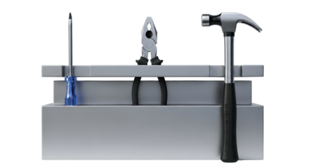 Isolated arrangement of various manual tools on metallic shelf for general repairs and maintenance