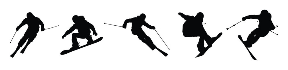 Winter Ski and Snowboard Silhouettes in Action