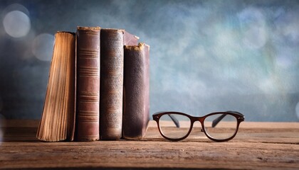 old book on the wooden desk vintage eyeglasses