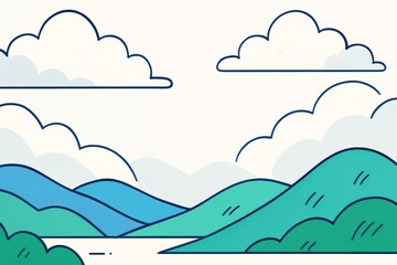 Fototapeta premium Soft minimal landscape with hills, clouds, and lake in flat cartoon style on light background representing peaceful nature concept. Ai generative