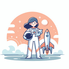 Astronaut standing on a cartoon rocket with a simple and minimalist flat design using a white background.