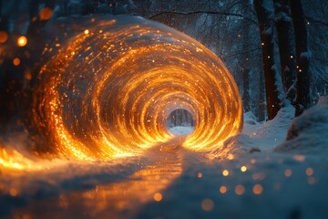 Lights shining through snow tunnel.
