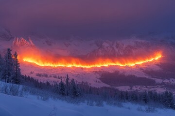 Fire burns in Austrian Alps mountains.