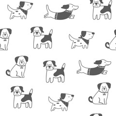 Seamless pattern with outline dogs. Vector illustration in doodle style. Cute dogs on white background.