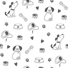 Seamless pattern with outline dogs. Vector illustration in doodle style. Cute dogs, retractable dog leash, bowl and canned goods on white background. Pet background.