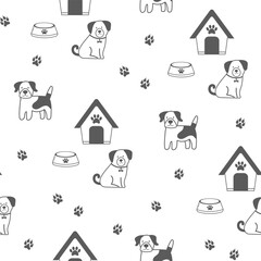 Seamless pattern with outline dogs. Vector illustration in doodle style. Cute dogs, dog house and bowl on white background. Pet background.