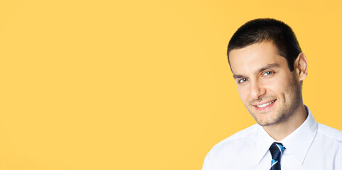 Portrait - happy smile business man wear white shirt, tie, isolated yellow background. Businessman, bank manager, lawyer, teacher, sales agent. Banner image with free ad text space.