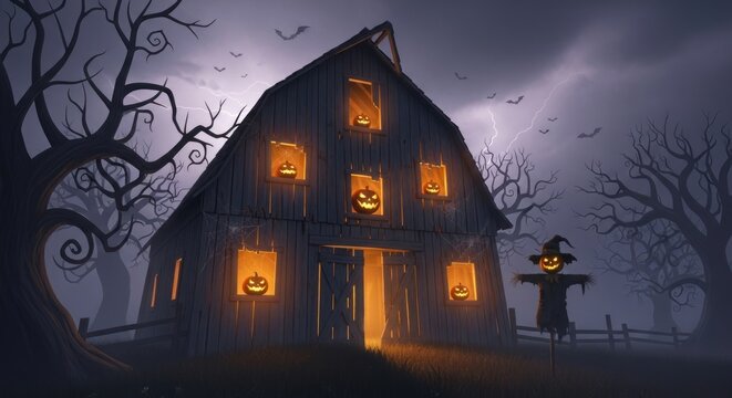 Spooky haunted barn with jacko'lanterns glowing in windows on a stormy night