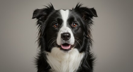 Fototapeta premium Black and White Border Collie Dog Looking Directly at Camera with Alert Expression and Bright Eyes