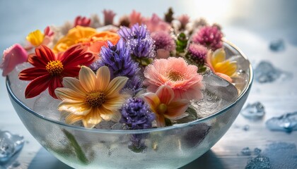 Colorful Variety Of Fresh Edible Flowers In A Crystal Clear Ice Bowl