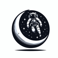 Astronaut floating above the crescent moon with a simple and minimalist flat design using a white background.