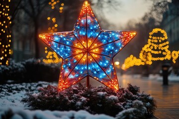 Lighted star in the snow.