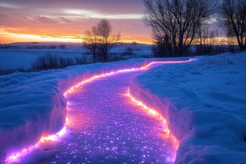 Path of purple lights glowing in the snow.