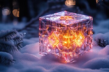 A glowing ice cube in the snow.