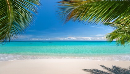 Tranquil Beach Scene With Soft White Sand And Turquoise Waters Framed By Lush Palm Leaves