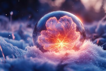Crystal ball in the snow, reflecting winter scenery.