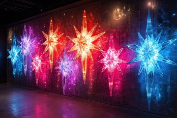 Multiple colored lights on a large wall.