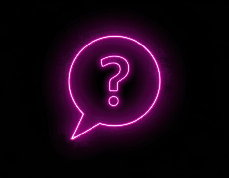 Neon pink question mark in speech bubble on black background - Powered by Adobe