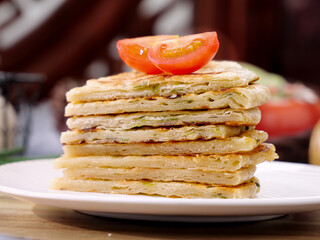 Handmade Shanghai Scallion Pancakes with Tomato - Traditional Chinese Layered Flatbread Street Food